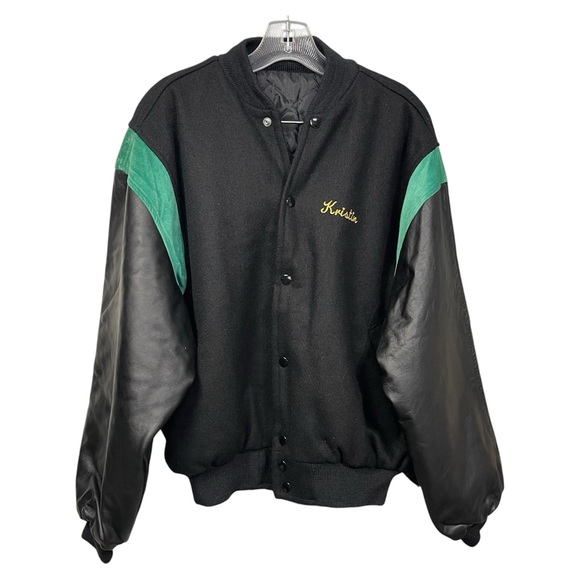 VTG IDENTITY  Jacket Cristin STUDS Embroidery Logo Wood LEATHER SLEEVE Black  L - Picture 3 of 16